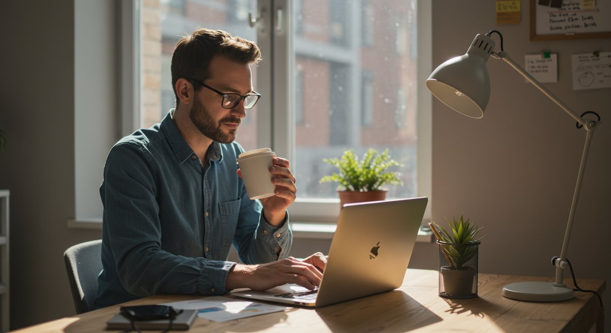 Professional mid-career individual in a sustainable office environment, demonstrating eco-conscious networking practices with modern workspace elements.