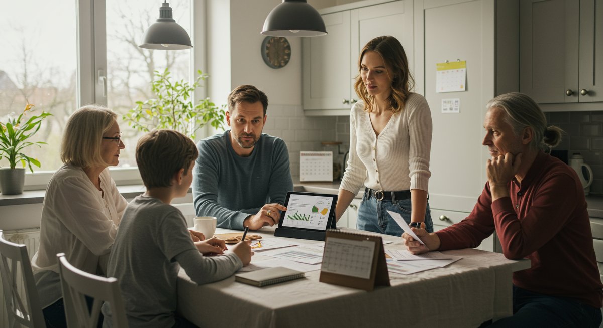 Family engaged in minimalist budgeting with a tablet, calendar, and organized documents in a clean kitchen setting