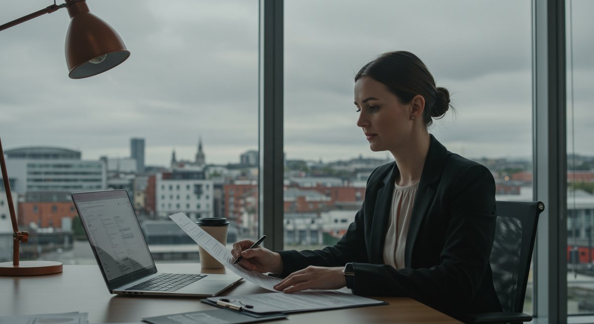 Ireland P2P lending investor analyzing tax regulations in professional workspace