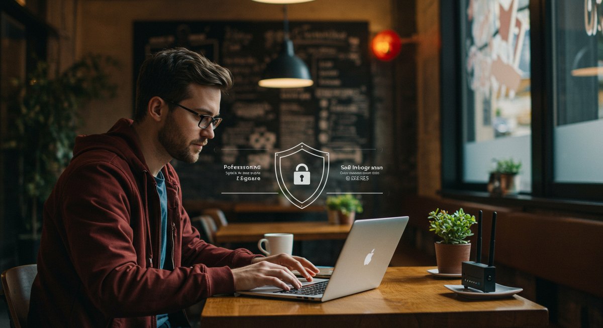 Digital nomad cybersecurity checklist illustration showing secure workspace with Wi-Fi router, laptop, and shield icon