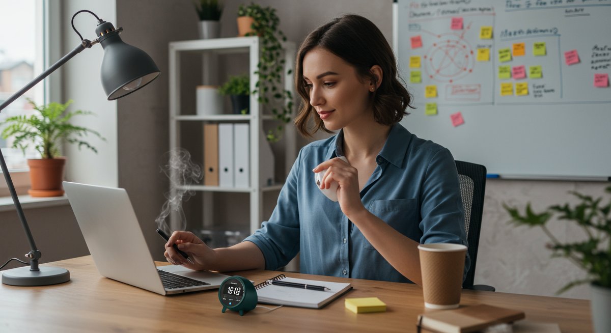 Professional woman taking a focused break in a modern workspace with pomodoro timer, ergonomic setup, and time-blocking notes