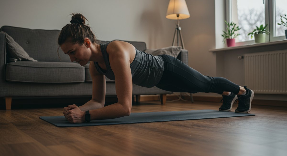 Beginner doing planks at home with focused expression
