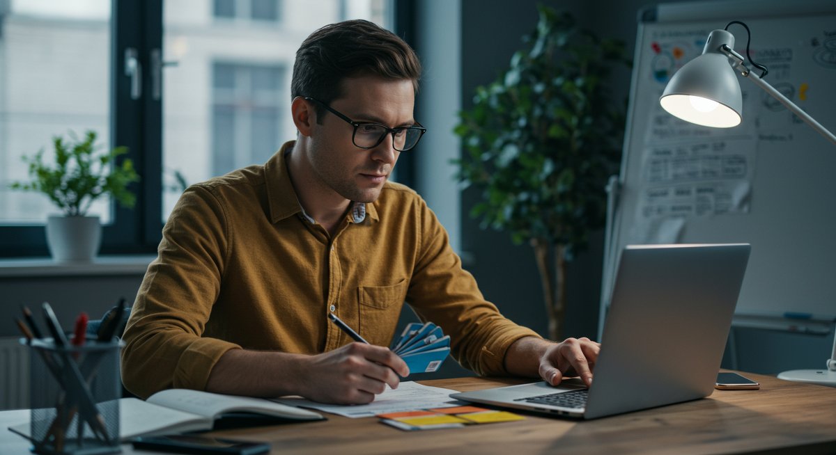 Adult learner using active recall techniques with flashcards and laptop to enhance memory retention