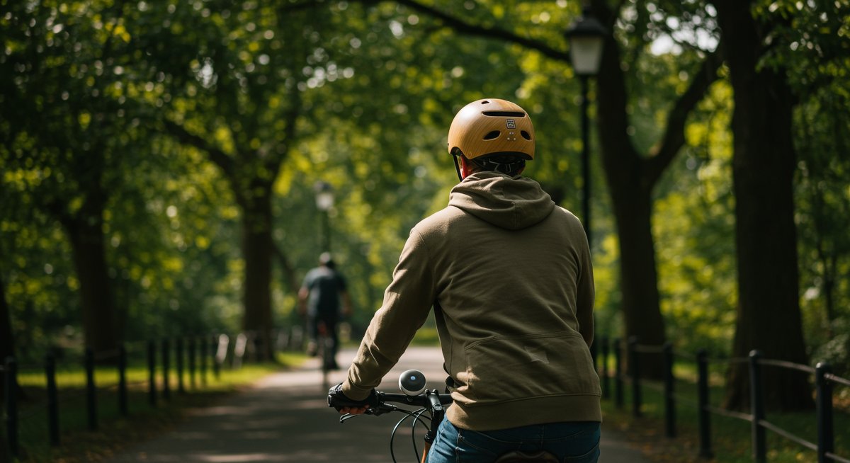 Eco-friendly commute: Person cycling through urban park with reusable water bottle and bamboo helmet, showcasing sustainable transportation in a green cityscape