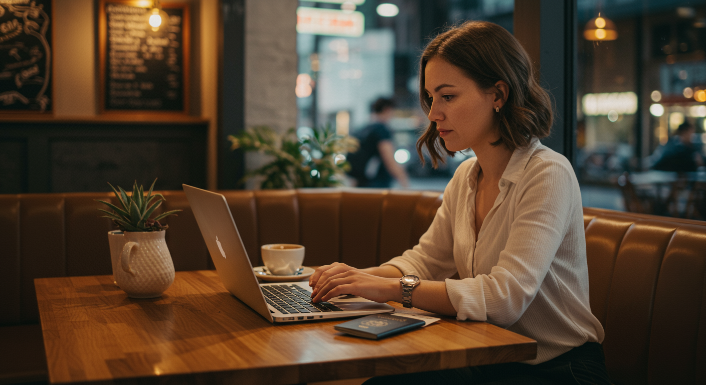 Woman researching digital nomad visa requirements at a cafe, passport and laptop on table, planning her travels.