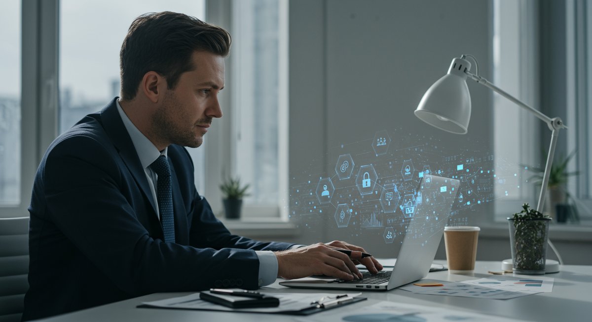 European investor analyzing P2P lending security protocols with regulatory symbols in professional workspace