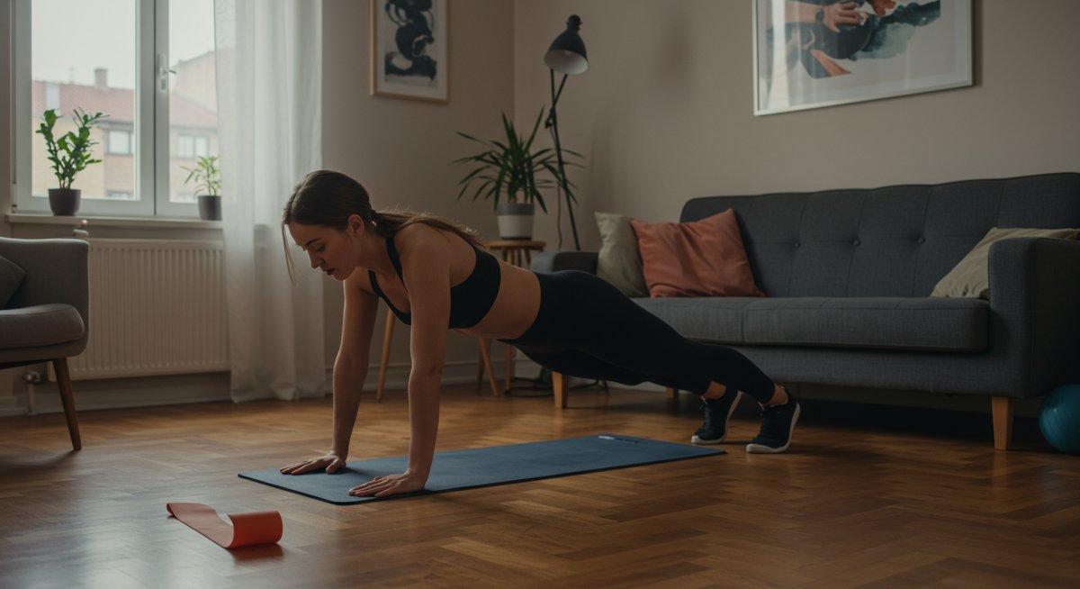Intermediate fitness woman doing burpees at home with resistance band, natural lighting, dynamic workout scene for metabolism boosting exercises