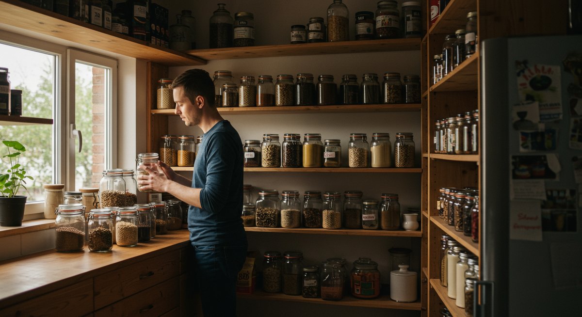Professional vegan pantry setup showcasing essential plant-based ingredients in organized storage
