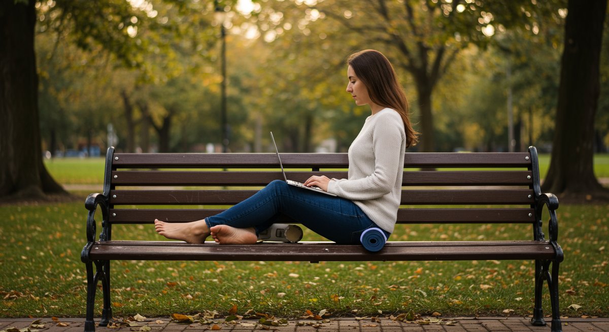 Digital nomad prioritizing mental health with mindfulness practice in natural setting