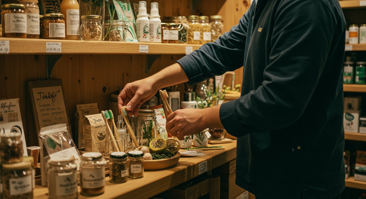 Eco-friendly gifts for every occasion: zero-waste store display with sustainable products like bamboo toothbrushes, glass jars, and plant-based skincare items