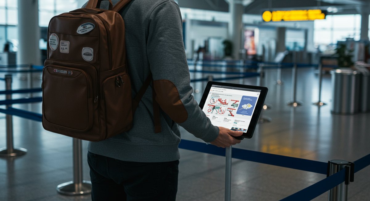 Budget-friendly traveler avoids airline fees by checking baggage allowance rules at airport security with carry-on bag
