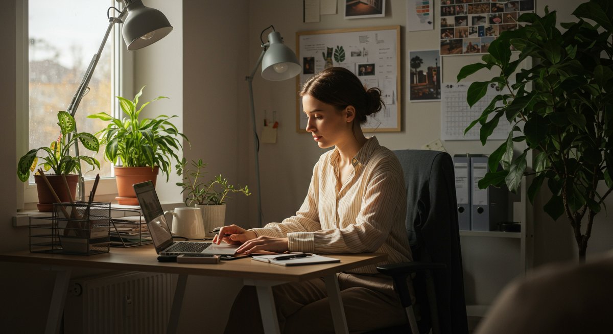 Professional illustration showcasing an experienced minimalist woman in a clean modern home office with plants, emphasizing functional and beautiful minimalist home design in 2025