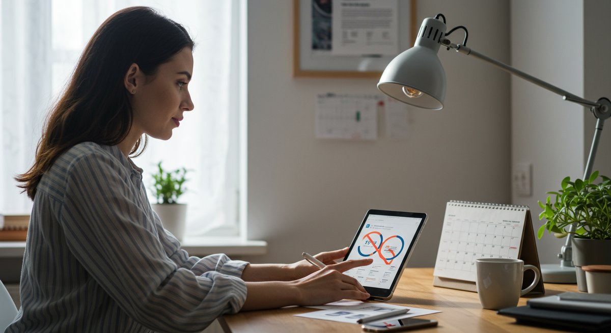Minimalist finances illustration showing woman managing budget with tablet and plant in organized workspace