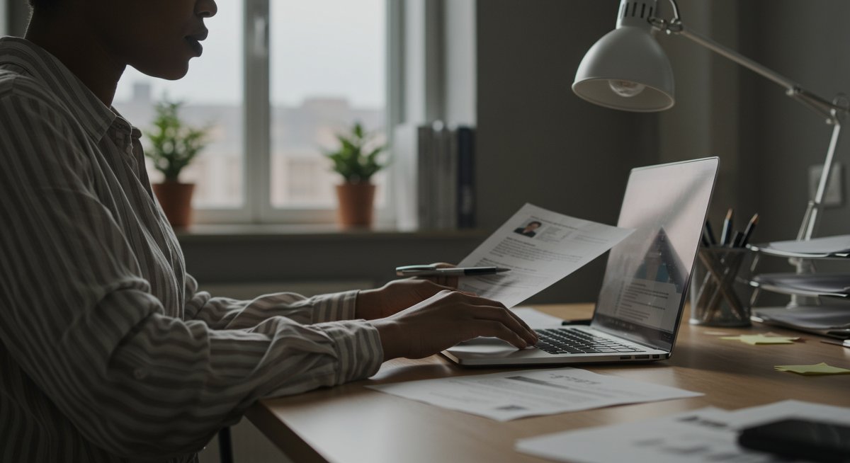 Entry-level professional working on resume and job applications in modern office