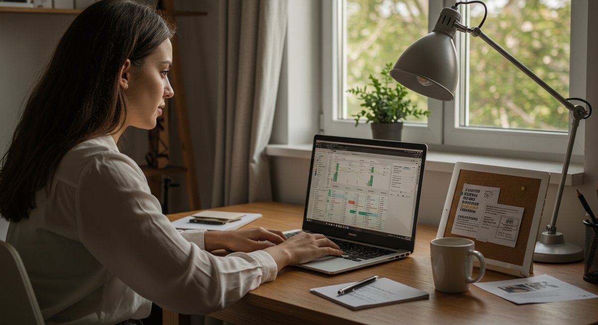 Minimalist finances illustration showing woman in modern home office managing budget with spreadsheet and vision board, emphasizing financial freedom and smart spending