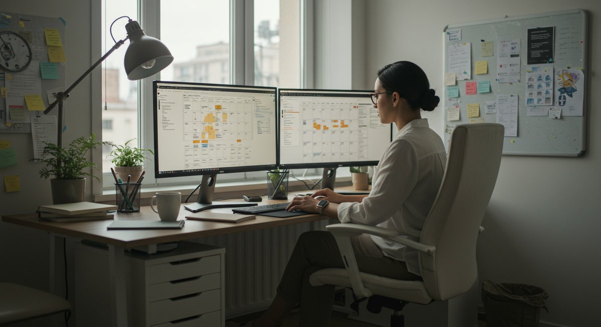 Professional woman in modern home office using time-blocking calendar for productivity
