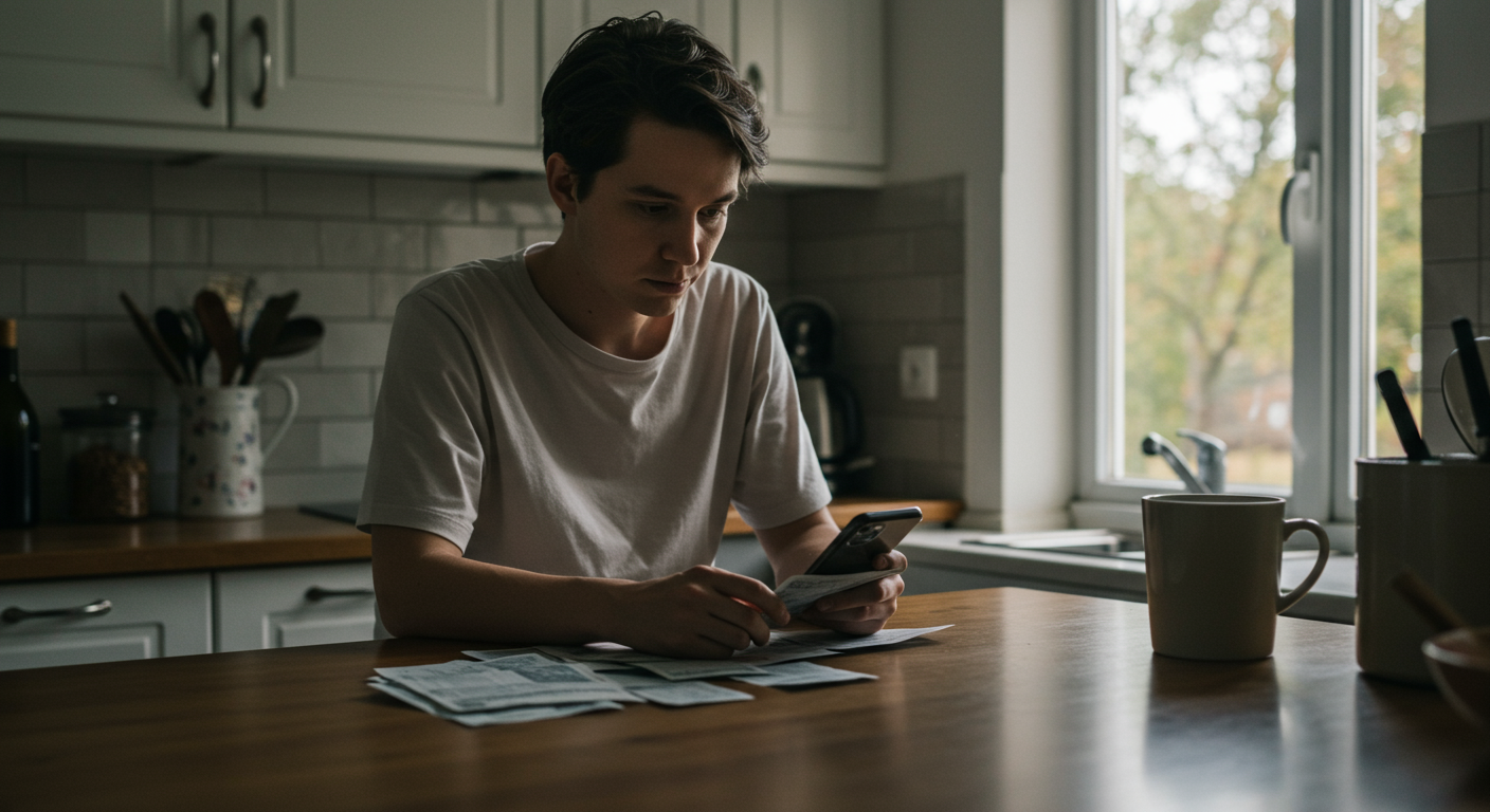 A person at a kitchen counter reviewing bills and finances as part of their minimalist budgeting strategy. The scene is brightly lit with a clean and organized aesthetic.