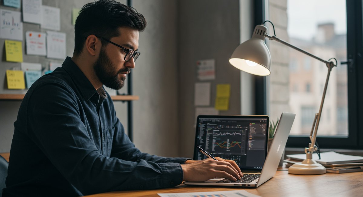 Digital nomad managing finances with budgeting tools and spreadsheets in a modern workspace