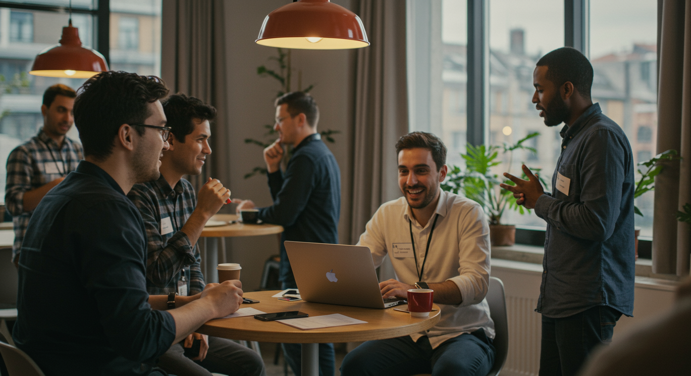 Group of digital nomads networking and building community in a co-working space. Emphasizing collaboration and shared experiences, creating a sense of belonging and support for remote workers.