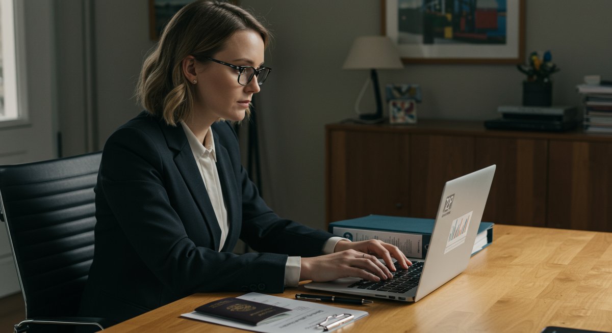 Professional woman working on P2P lending regulations and tax compliance in Ireland with modern office setup
