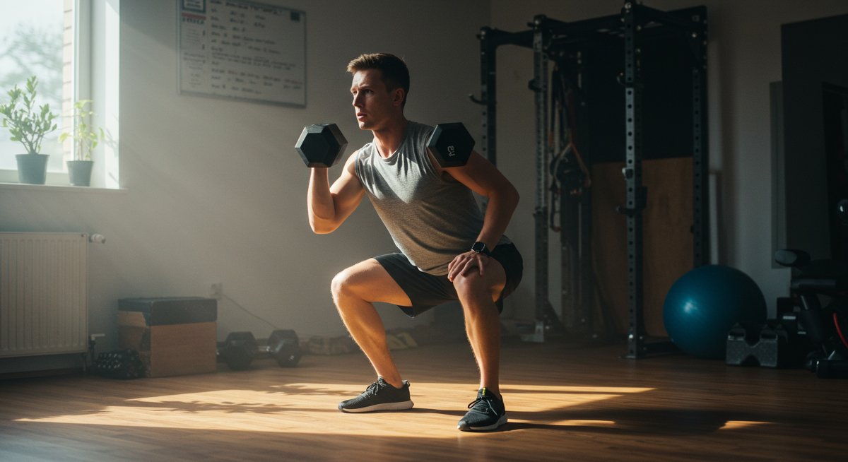Person doing squats with dumbbells in home gym with natural lighting