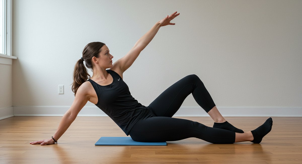 Desk worker performing flexibility exercises for lower back and neck pain relief at home office with modern workspace