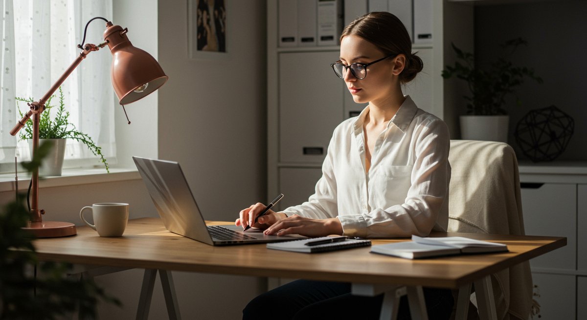 Confident woman in minimalist home office managing finances with laptop, coffee mug, and notepad, showcasing debt-free lifestyle and conscious spending