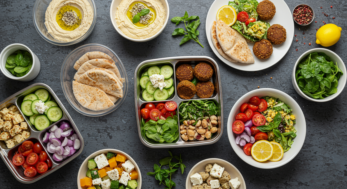 Overhead shot of meal prep containers with healthy Mediterranean lunches, featuring hummus, falafel, Greek salad, and pita bread.