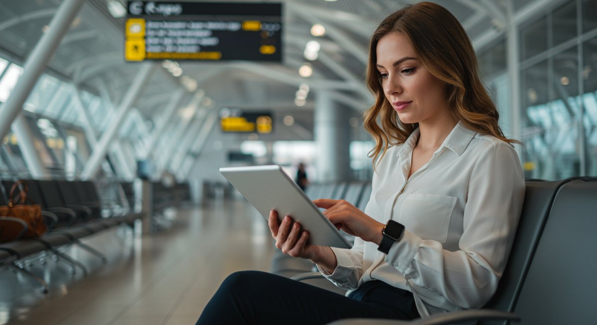 Travel insurance guide illustration showing a woman reviewing insurance documents at an airport with clean modern design