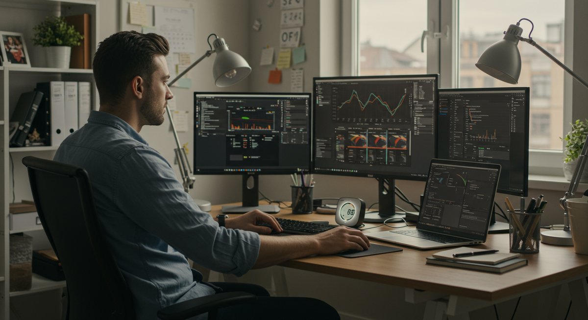 Confident professional in modern home office with multiple monitors, Pomodoro timer, and organized workspace showcasing focus and productivity
