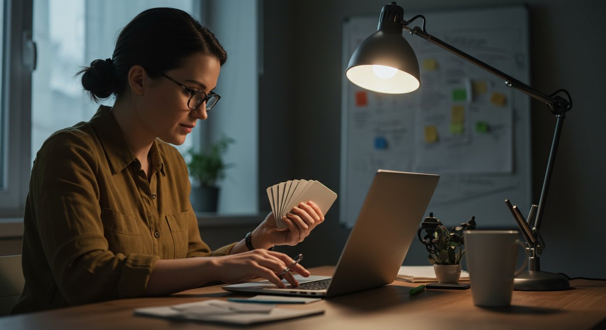Adult learner using spaced repetition techniques with flashcards and laptop for memory improvement