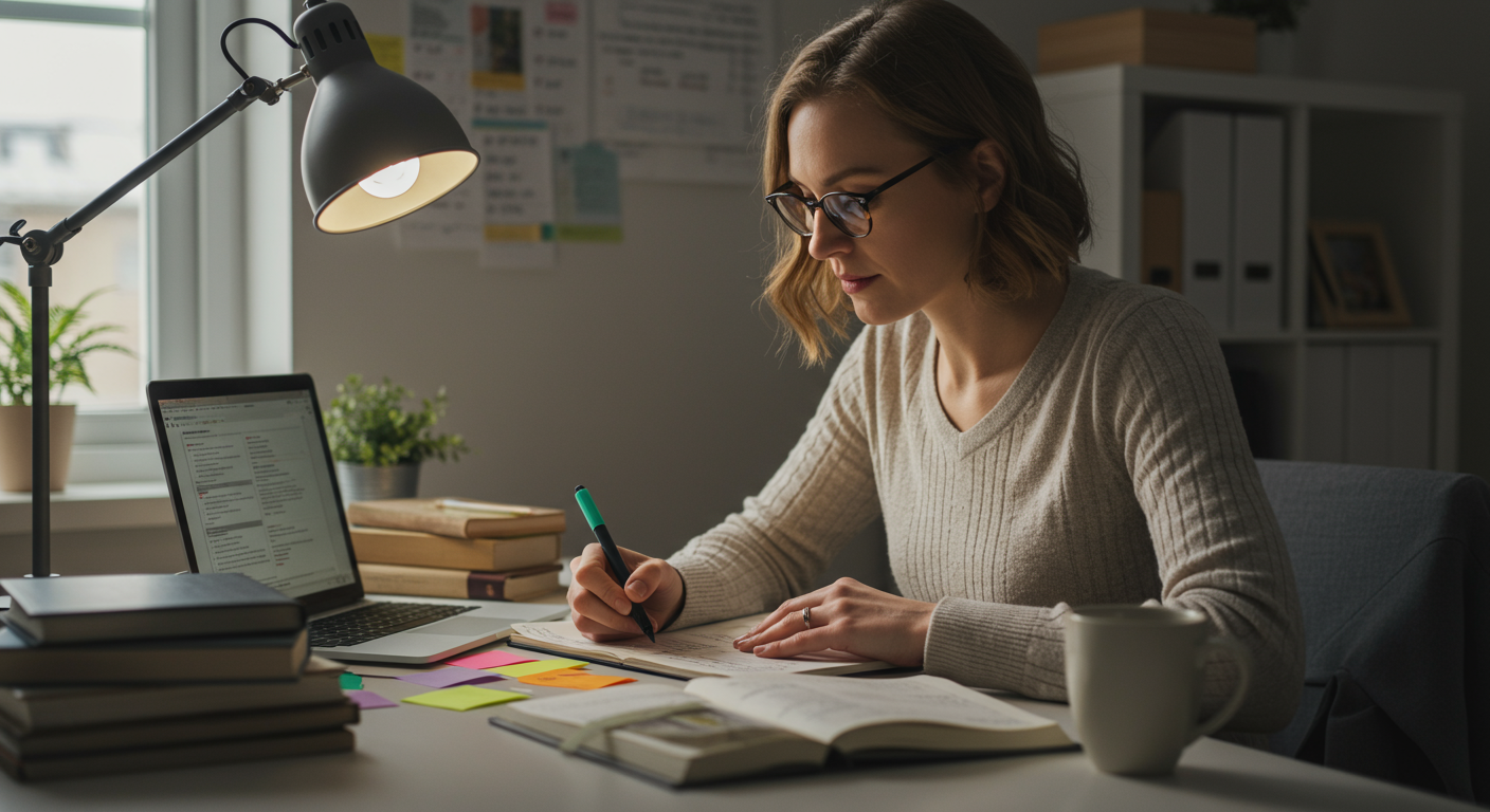 Adult learner managing information overload with mind map, notes, and laptop in a home office, effective study strategies, calm and focused, natural light.