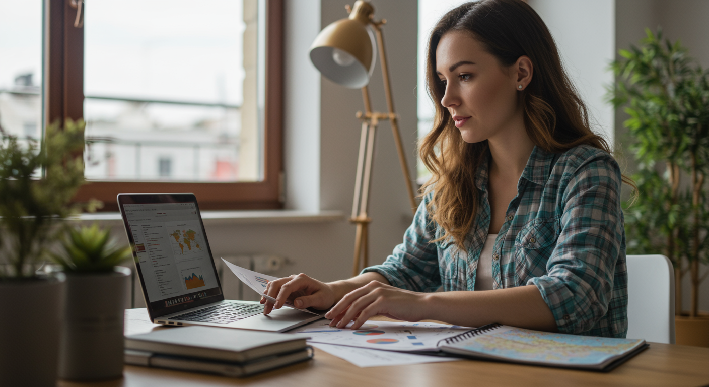 Female digital nomad reviewing financial data on a laptop in a co-working space, focusing on tax management and budget planning.