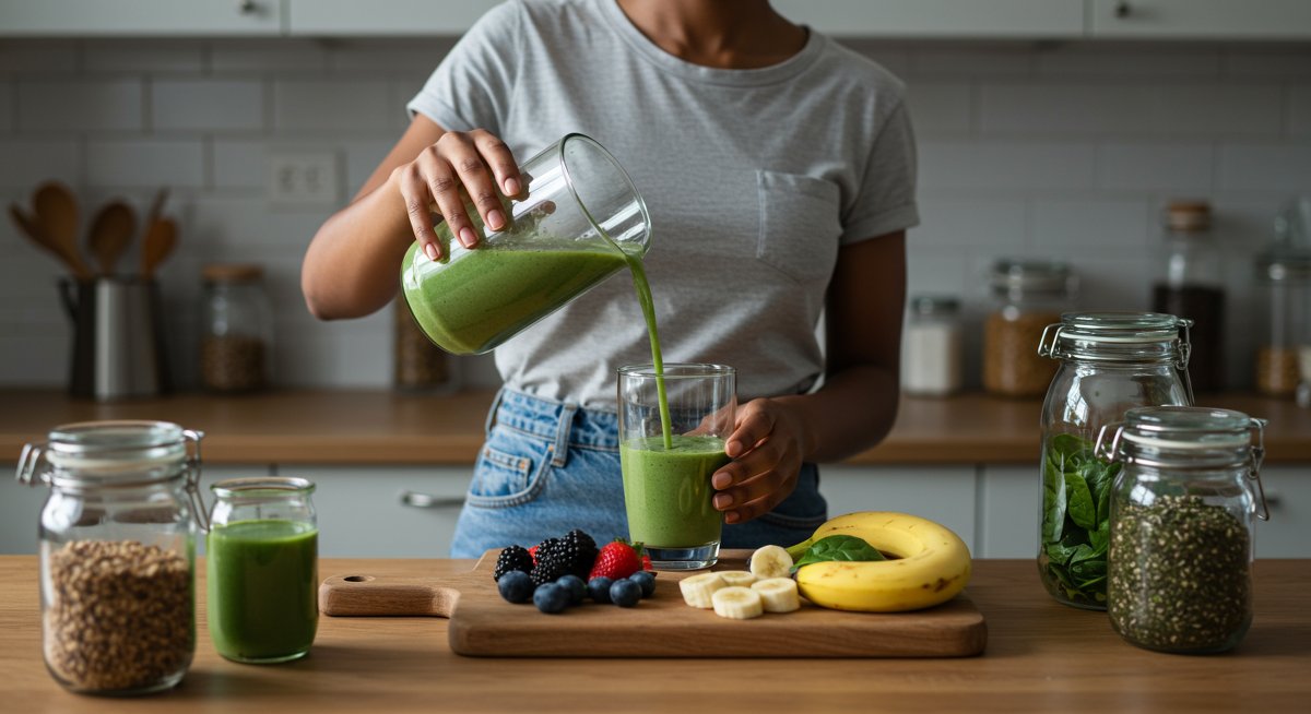 Vegan breakfast smoothie with fresh fruits, clean kitchen setting, plant-based ingredients