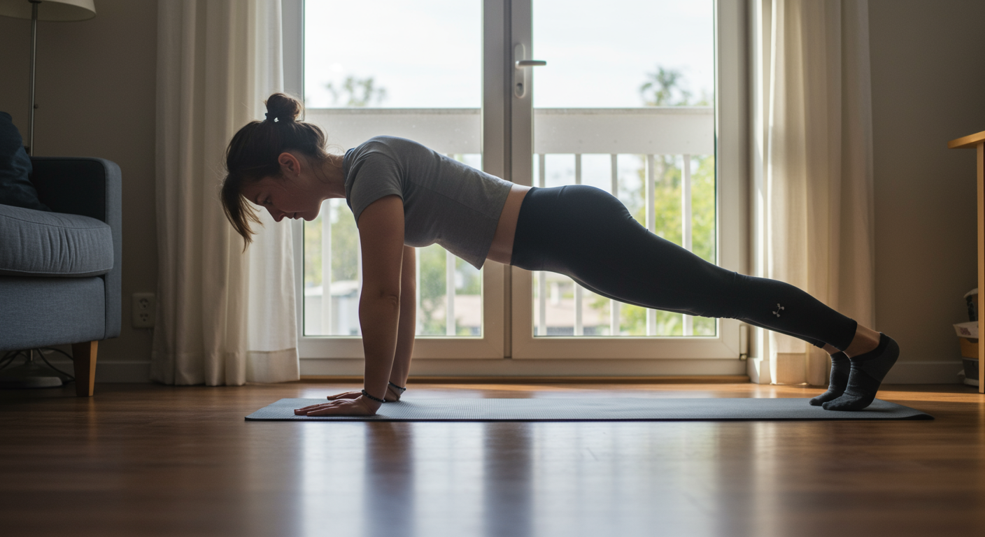 A beginner doing a plank exercise in their living room to strengthen their core muscles. The person is focused and determined.