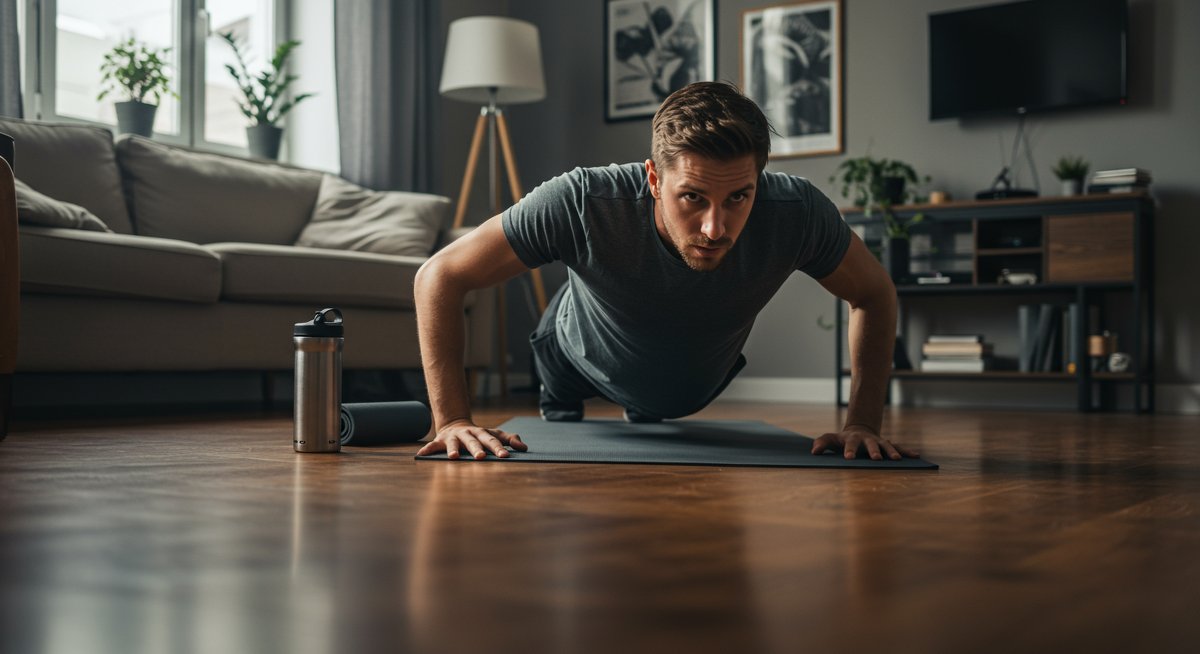 Intermediate fitness enthusiast doing bodyweight push-ups at home with yoga mat and water bottle