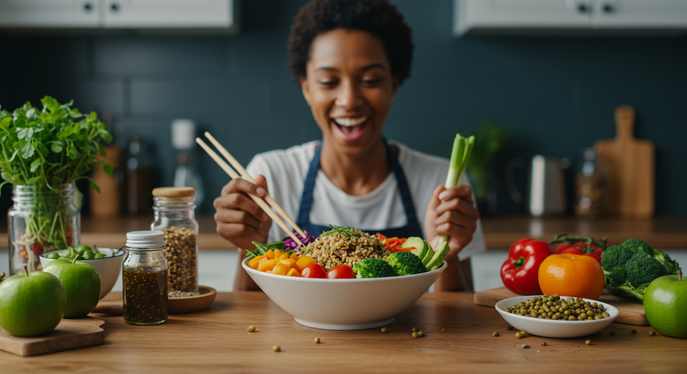 A close-up of a budget-friendly vegan buddha bowl with colorful vegetables and grains. A person is discovering a new vegan recipe, preparing a delicious meal in a modern kitchen.