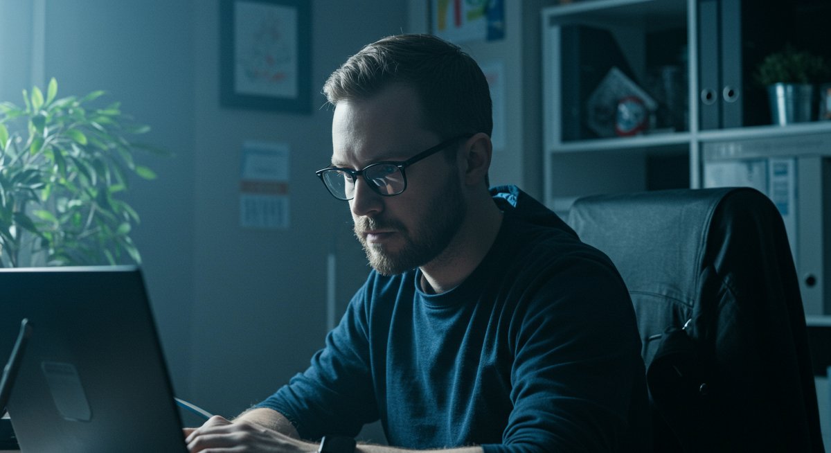 Experienced crypto trader analyzing market data in minimalist office with professional tech setup