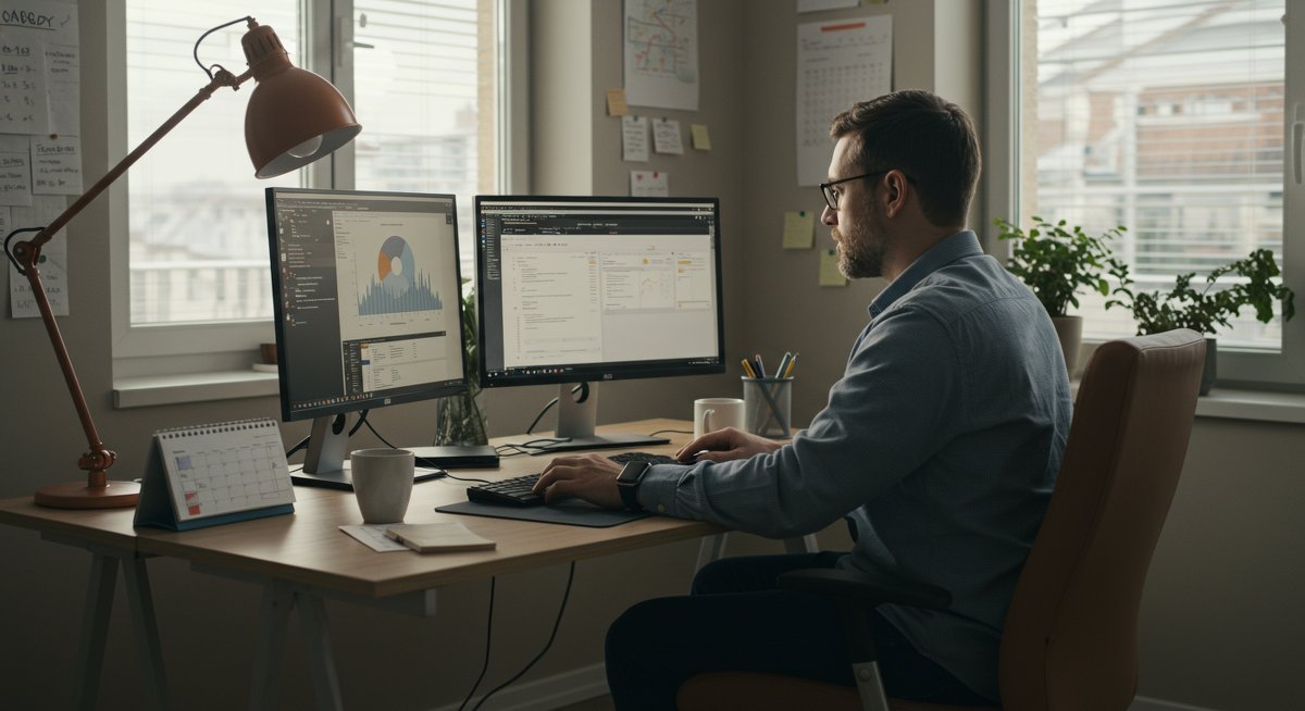 Professional home office scene showing a man managing focus and energy with productivity tools