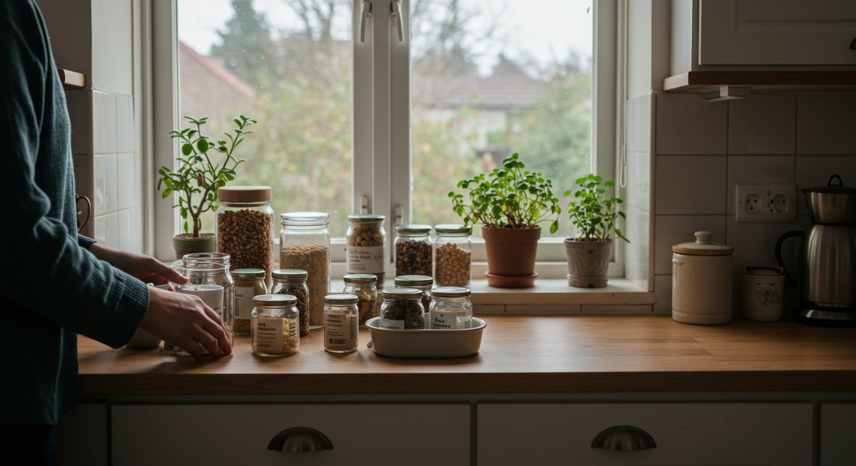 Sustainable home upgrade: Modern kitchen with reusable containers, bulk food, and natural cleaning supplies showing eco-friendly home improvement