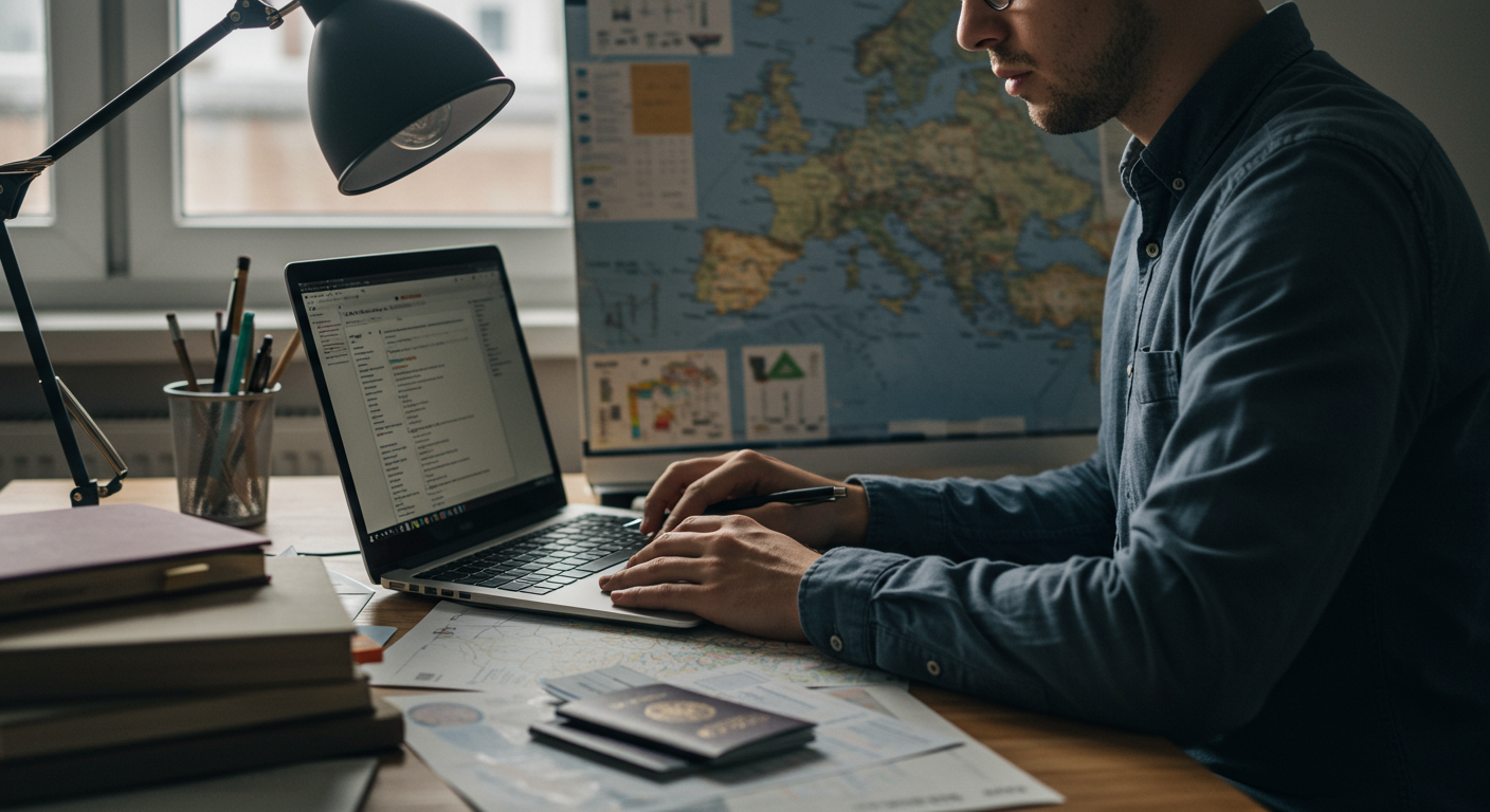 Digital nomad researching visa requirements on a laptop in a co-working space, planning for location independence.
