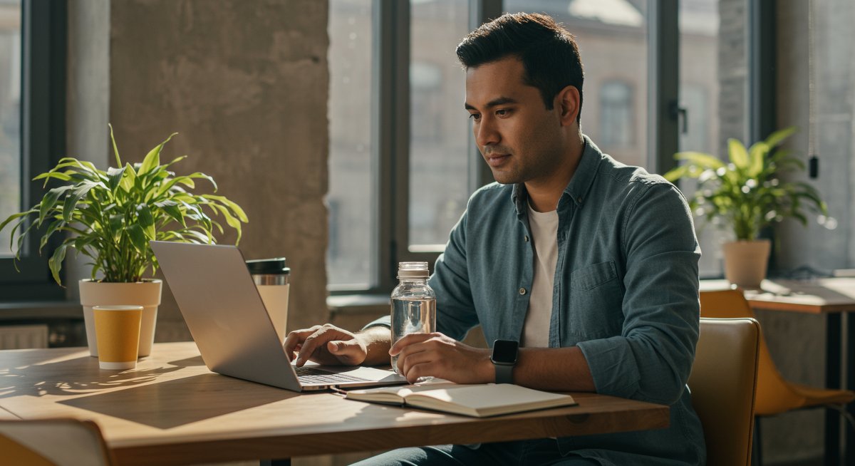 Professional illustration showing sustainable productivity with burnout prevention strategies, featuring a diverse man in a co-working environment