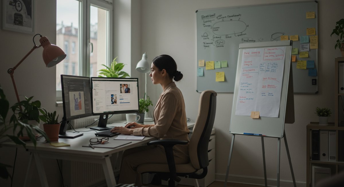 Confident female professional in modern home office with dual monitors, whiteboard, and ergonomic setup showcasing advanced learning productivity strategies