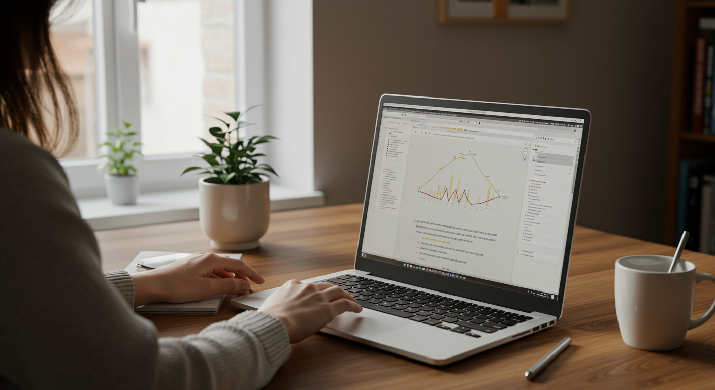 A well-organized minimalist workspace with natural light, a laptop, and a coffee mug, showcasing eco-friendly living.