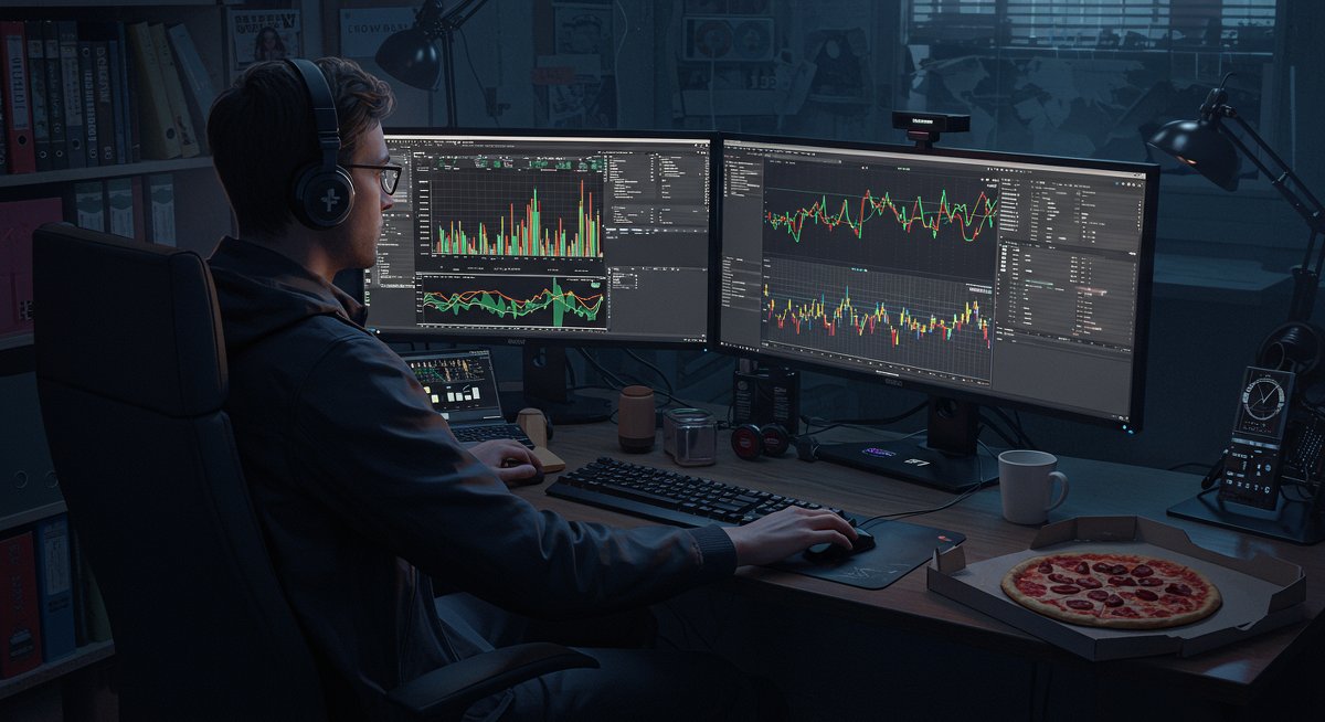 Cryptocurrency trader navigating international markets with Solana memecoin charts and DexScreener alerts on dual monitors