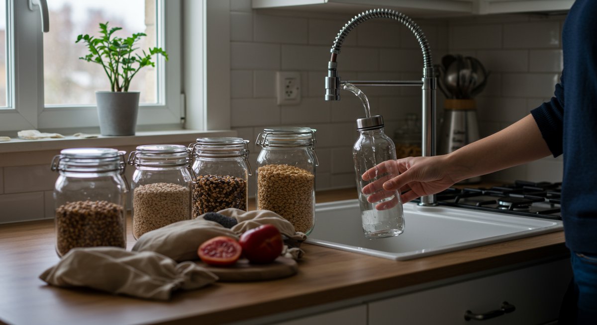 Zero-waste kitchen with reusable water bottle refilling, bulk food, and eco-friendly practices.