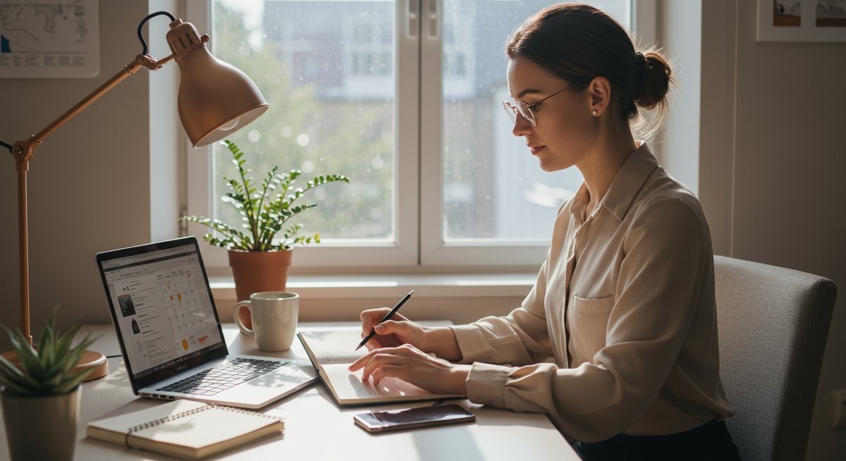 Confident woman professional implementing task batching techniques in a modern home office with organized workspace and natural lighting