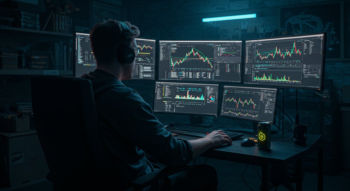 Bitcoin trading strategy visualization: global crypto trader analyzing Bitcoin price charts in dark room with neon tech setup