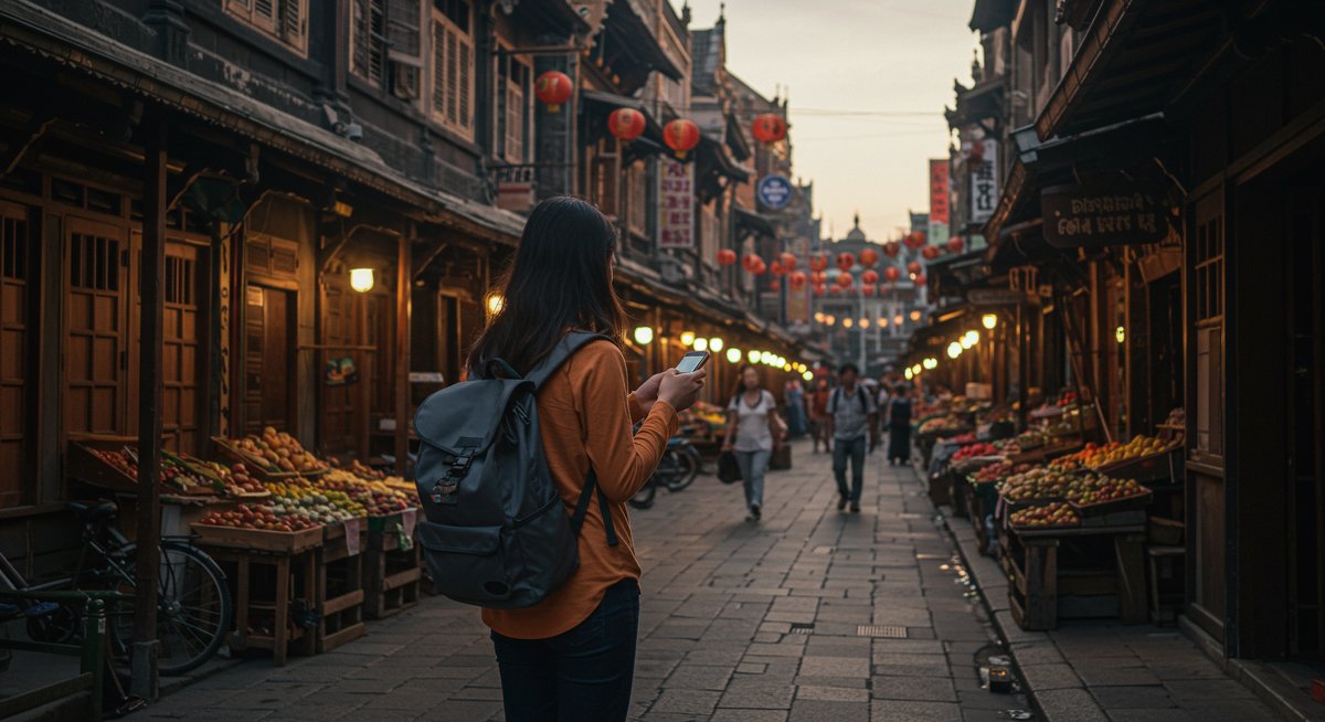 Traveler using phone to avoid scams in vibrant market setting