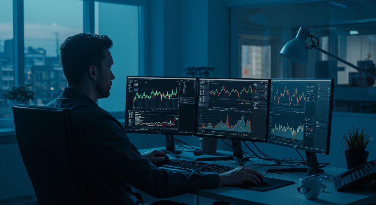 Experienced crypto trader analyzing slippage metrics in professional trading environment with clean tech setup